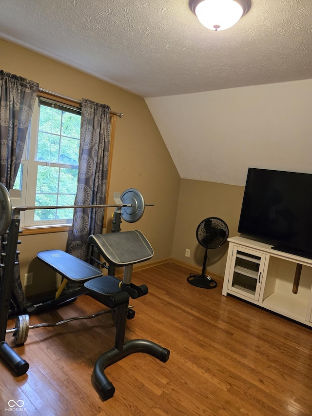 310 Tiffany Ln, North Vernon, IN 47265 - exercise room featuring wood finished floors, a textured ceiling, and vaulted ceiling