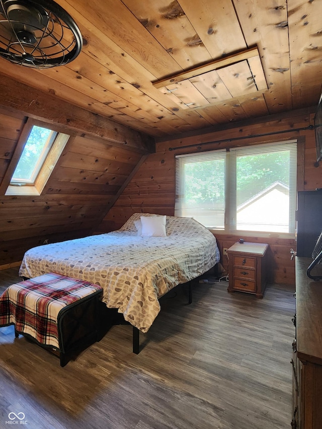 6774 S Becks Grove Rd, Freetown, IN 47235 - bedroom featuring wood ceiling, multiple windows, dark wood finished floors, and wood walls
