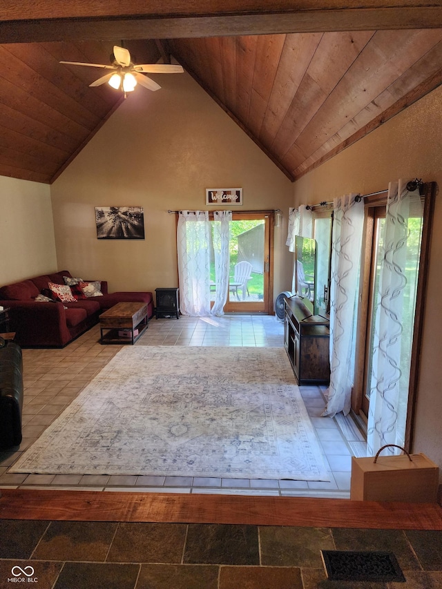 6774 S Becks Grove Rd, Freetown, IN 47235 - living room with wooden ceiling, high vaulted ceiling, and a ceiling fan