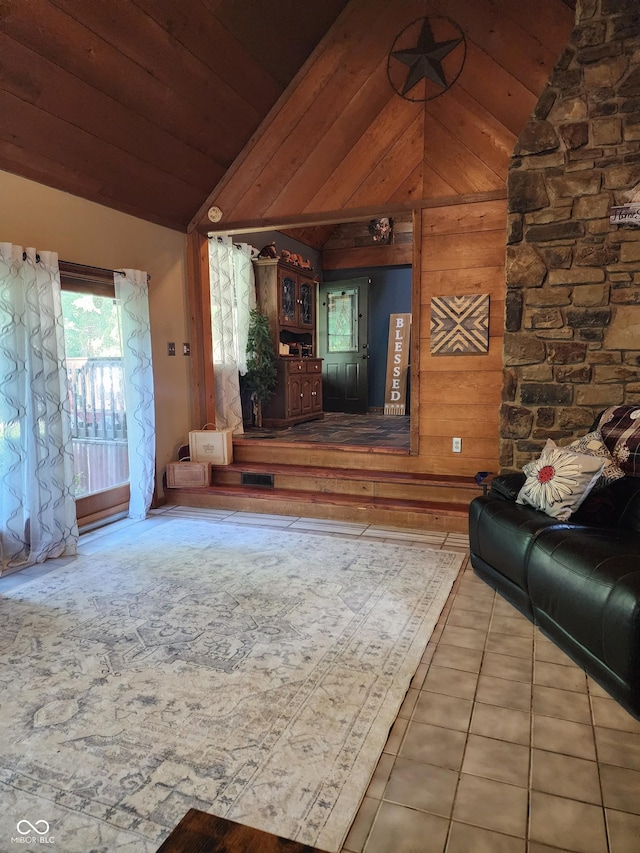 6774 S Becks Grove Rd, Freetown, IN 47235 - living room with vaulted ceiling, tile patterned floors, wooden ceiling, and wooden walls