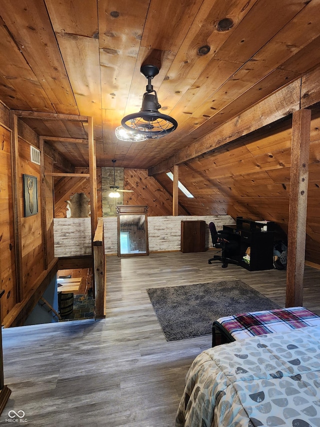 6774 S Becks Grove Rd, Freetown, IN 47235 - bedroom with wooden ceiling, wooden walls, vaulted ceiling, and wood finished floors
