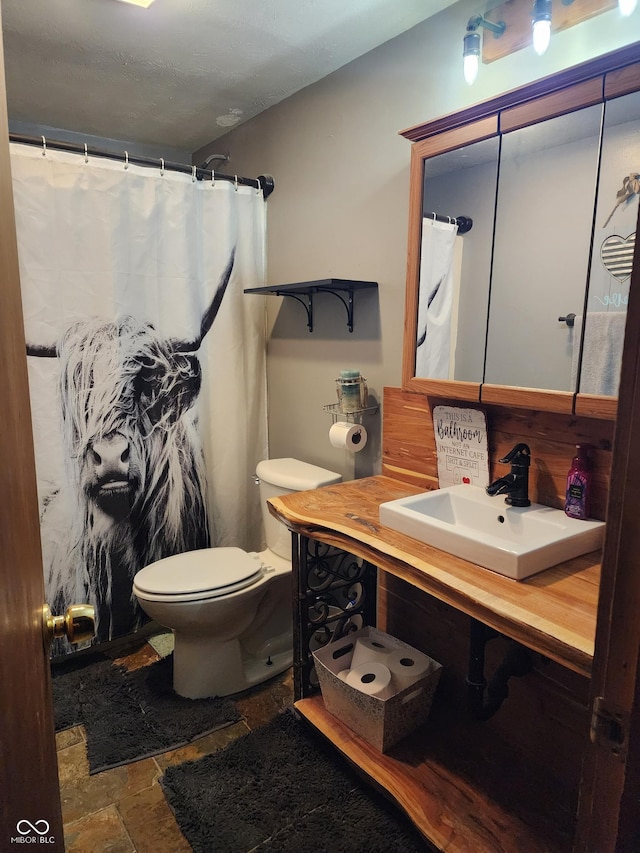 6774 S Becks Grove Rd, Freetown, IN 47235 - bathroom featuring stone finish floors, vanity, and a shower with curtain