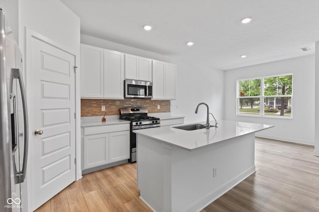 7265 Governors Row, Avon, IN 46123 - kitchen with stainless steel appliances, white cabinetry, decorative backsplash, light wood-type flooring, and light countertops