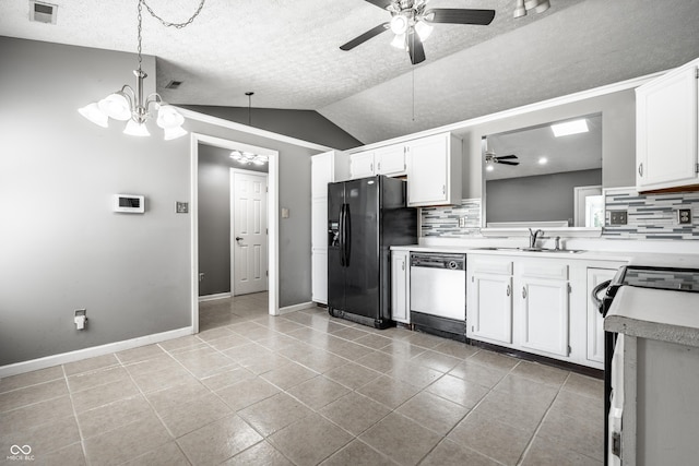 12956 Shandon Ln, Fishers, IN 46038 - kitchen with dishwasher, black fridge, backsplash, ceiling fan, and a textured ceiling