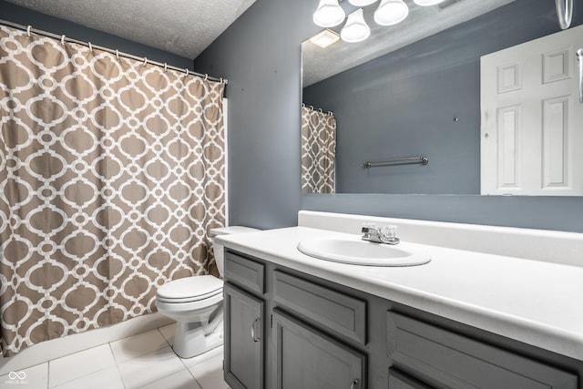 12956 Shandon Ln, Fishers, IN 46038 - full bath with a textured ceiling, vanity, tile patterned floors, and a shower with shower curtain