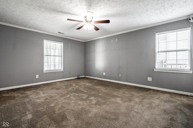 12956 Shandon Ln, Fishers, IN 46038 - empty room featuring a ceiling fan, healthy amount of natural light, a textured ceiling, carpet flooring, and ornamental molding