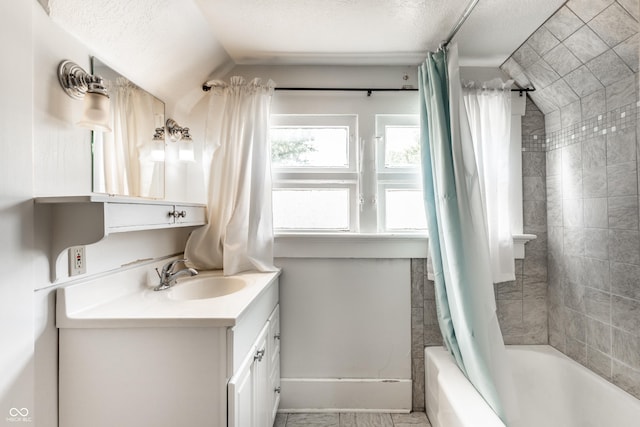 429 W Washington St, Shelbyville, IN 46176 - bathroom featuring vanity, shower / tub combo with curtain, and a textured ceiling