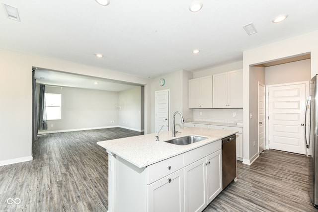 2234 S Bingham Pl, New Palestine, IN 46163 - kitchen featuring stainless steel appliances, dark wood-style floors, white cabinetry, a kitchen island with sink, and recessed lighting