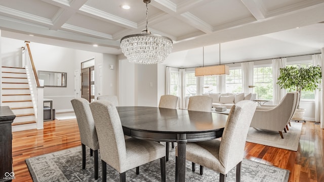 35 E 58th St, Indianapolis, IN 46220 - dining space with a chandelier, coffered ceiling, beam ceiling, light wood-style floors, and ornamental molding
