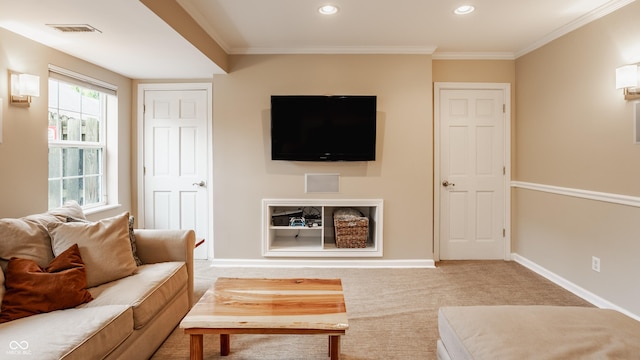 35 E 58th St, Indianapolis, IN 46220 - living area featuring recessed lighting, light carpet, and ornamental molding