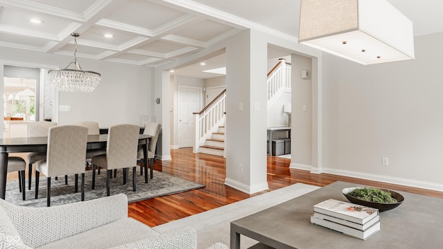 35 E 58th St, Indianapolis, IN 46220 - dining space featuring wood finished floors, stairs, recessed lighting, a chandelier, and beamed ceiling