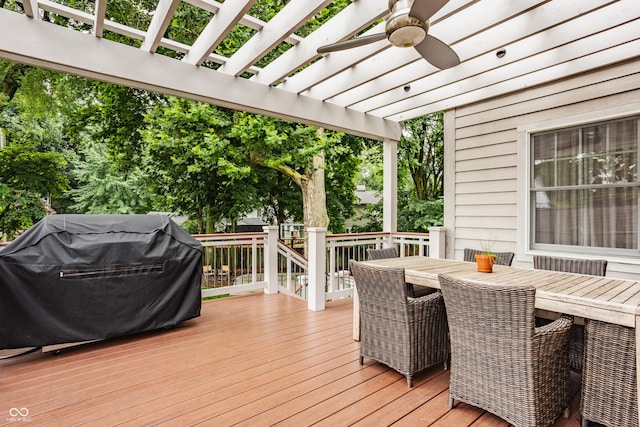 35 E 58th St, Indianapolis, IN 46220 - wooden deck featuring a grill, outdoor dining space, ceiling fan, and a pergola