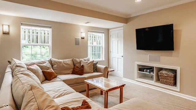 35 E 58th St, Indianapolis, IN 46220 - living room featuring ornamental molding, carpet, and recessed lighting