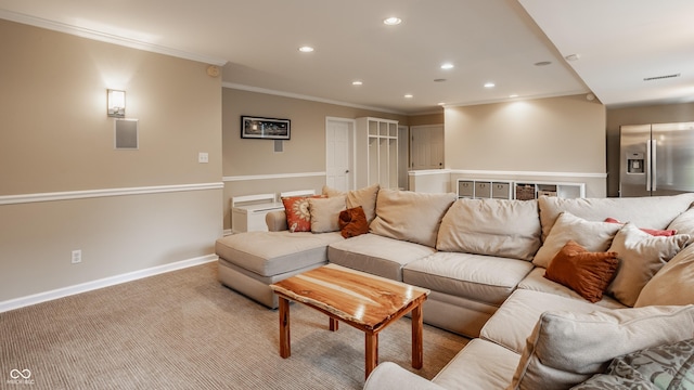 35 E 58th St, Indianapolis, IN 46220 - living area featuring recessed lighting, ornamental molding, and light colored carpet