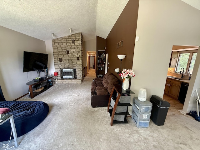 910 Ranch Rd, Connersville, IN 47331 - living area with light colored carpet, lofted ceiling, a fireplace, and a textured ceiling