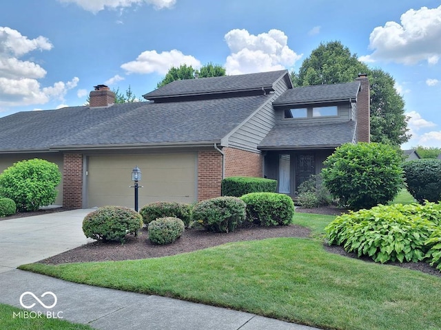 5720 Bayside Dr, Fort Wayne, IN 46815 - view of front of house with a chimney, an attached garage, concrete driveway, a front lawn, and brick siding