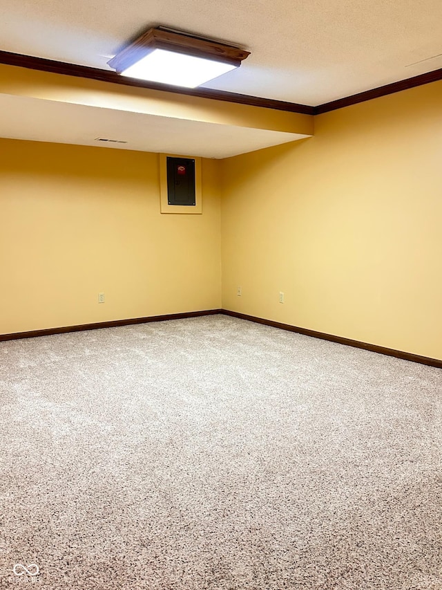 5720 Bayside Dr, Fort Wayne, IN 46815 - finished basement with electric panel, carpet flooring, and ornamental molding