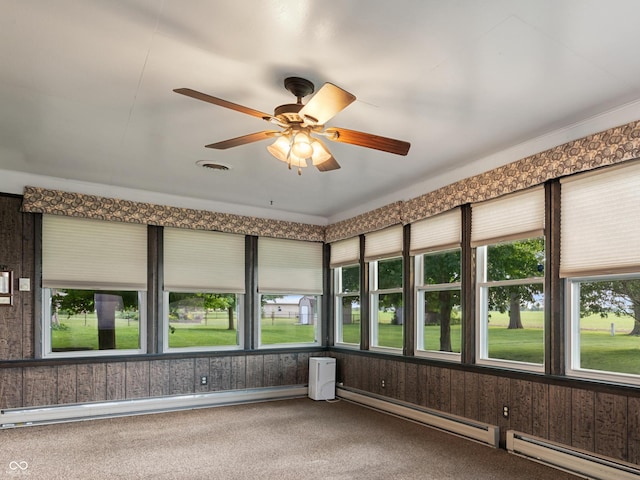 2601 N Everett St, Crawfordsville, IN 47933 - unfurnished sunroom featuring a baseboard radiator, ceiling fan, carpet floors, and wooden walls