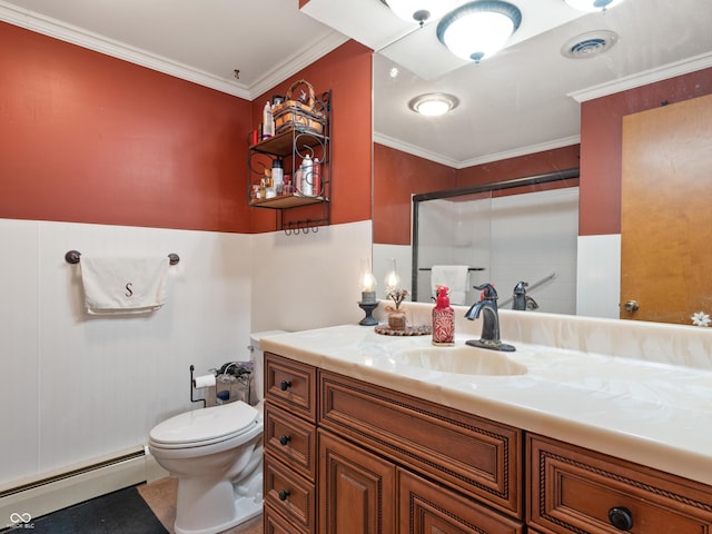 2601 N Everett St, Crawfordsville, IN 47933 - full bathroom with baseboard heating, vanity, crown molding, a shower, and a wainscoted wall