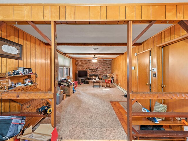 2601 N Everett St, Crawfordsville, IN 47933 - living area featuring carpet flooring, wood walls, and beamed ceiling