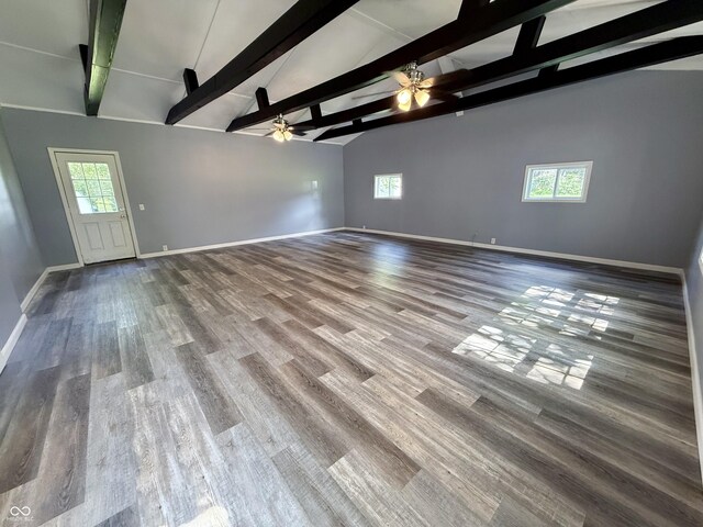 4833 Pennsylvania St, Clayton, IN 46118 - unfurnished room with ceiling fan, beam ceiling, high vaulted ceiling, and wood finished floors