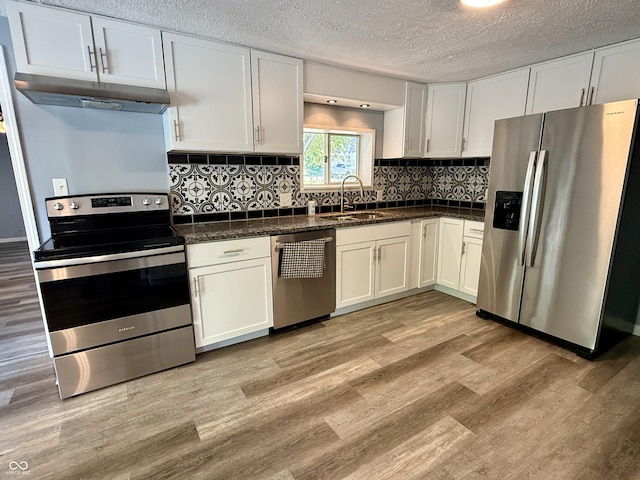 4833 Pennsylvania St, Clayton, IN 46118 - kitchen with stainless steel appliances, under cabinet range hood, white cabinetry, a textured ceiling, and light wood finished floors