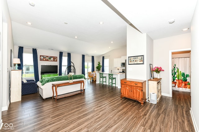 9846 Zion Way, Pendleton, IN 46064 - living area featuring dark wood-style floors, vaulted ceiling, and recessed lighting