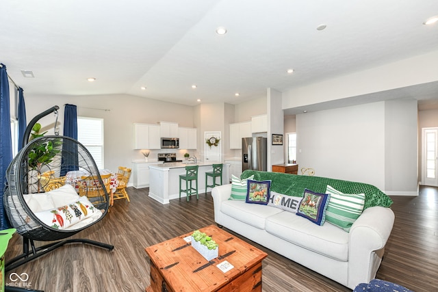 9846 Zion Way, Pendleton, IN 46064 - living area with healthy amount of natural light, dark wood-type flooring, lofted ceiling, and recessed lighting