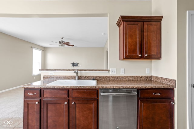 3827 Dusty Sands Rd, Whitestown, IN 46075 - kitchen featuring dishwasher, a peninsula, light carpet, and a ceiling fan