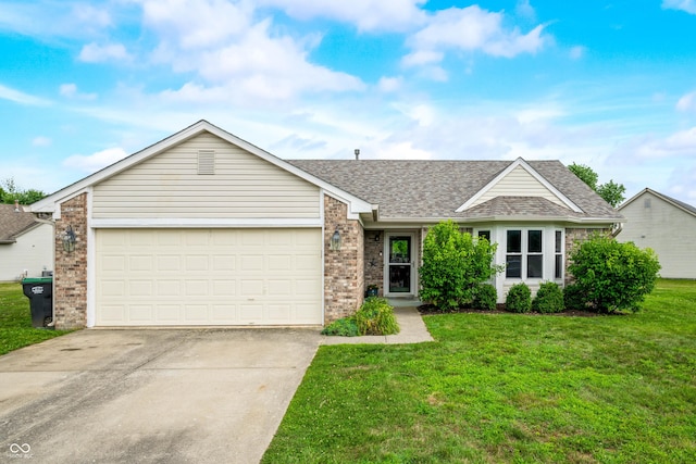 49 Grassy Dr, Whiteland, IN 46184 - ranch-style house with brick siding, concrete driveway, a front lawn, and a garage