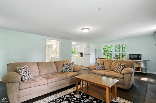 8453 S Christian Dr, Princes Lakes, IN 46164 - living room with dark wood-style flooring and baseboards
