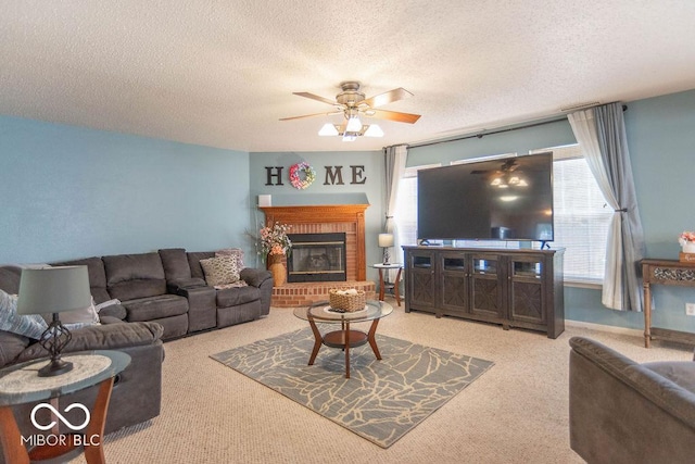 8703 Mellot Way, Camby, IN 46113 - living room featuring carpet, ceiling fan, plenty of natural light, a brick fireplace, and a textured ceiling