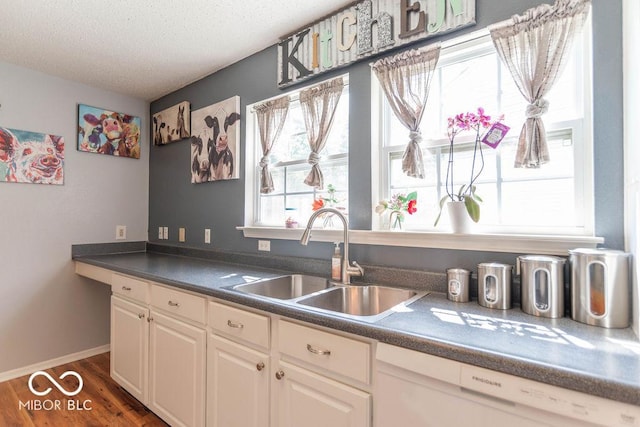 8703 Mellot Way, Camby, IN 46113 - kitchen featuring dishwasher, dark countertops, a textured ceiling, and dark wood-style flooring