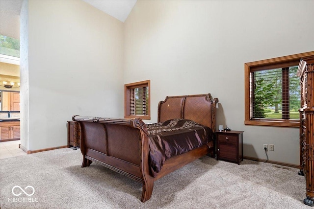 5298 Royal Troon Way, Avon, IN 46123 - carpeted bedroom featuring high vaulted ceiling and ensuite bath