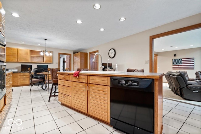 5298 Royal Troon Way, Avon, IN 46123 - kitchen with black dishwasher, open floor plan, open shelves, recessed lighting, and light tile patterned floors