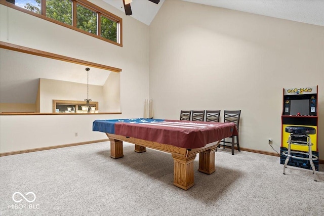 5298 Royal Troon Way, Avon, IN 46123 - game room featuring carpet flooring, pool table, a ceiling fan, and high vaulted ceiling