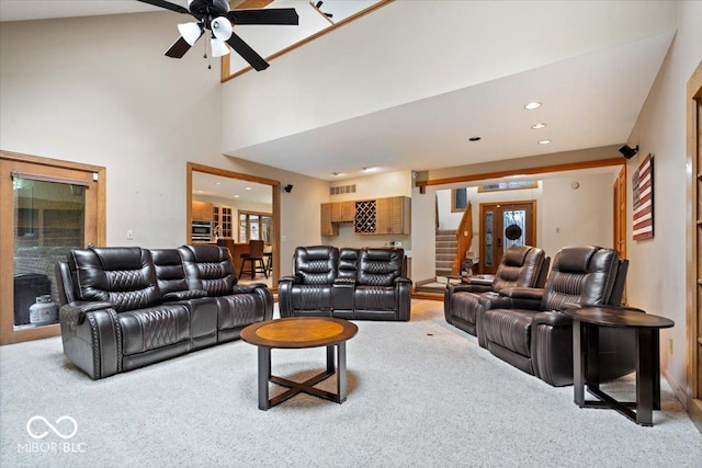 5298 Royal Troon Way, Avon, IN 46123 - living room with carpet floors, a ceiling fan, recessed lighting, and stairway
