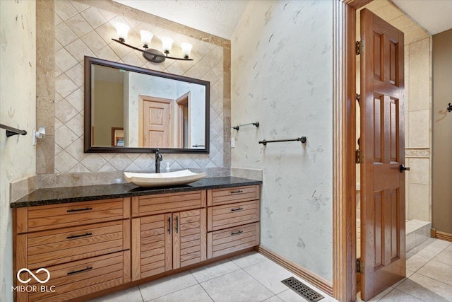 5298 Royal Troon Way, Avon, IN 46123 - bathroom featuring vanity, tile patterned flooring, and decorative backsplash