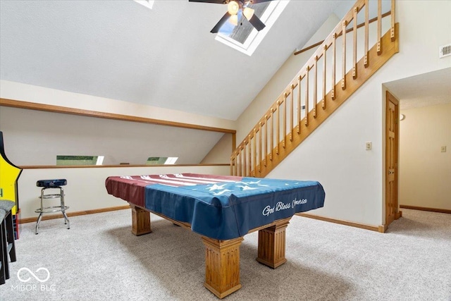 5298 Royal Troon Way, Avon, IN 46123 - game room featuring lofted ceiling, carpet, ceiling fan, billiards, and a skylight