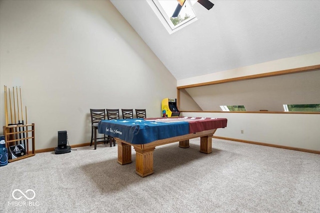 5298 Royal Troon Way, Avon, IN 46123 - game room featuring carpet flooring, billiards table, a skylight, vaulted ceiling, and a ceiling fan