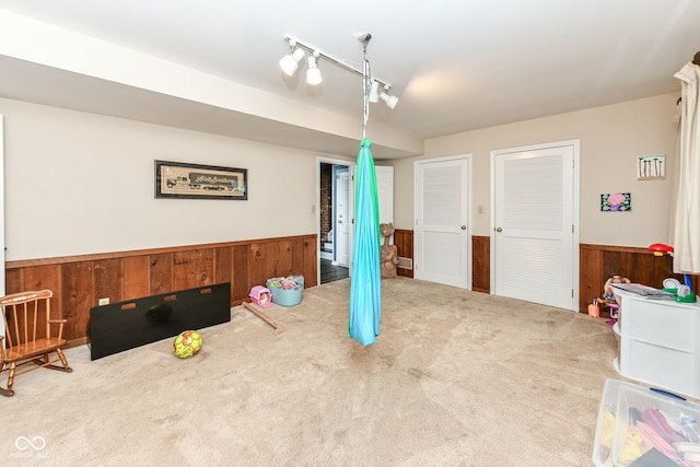 7014 Creekside Ln, Indianapolis, IN 46220 - recreation room featuring a wainscoted wall, carpet flooring, and wood walls