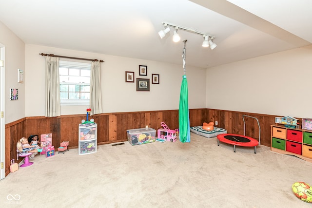 7014 Creekside Ln, Indianapolis, IN 46220 - rec room with carpet flooring, wooden walls, a wainscoted wall, and rail lighting