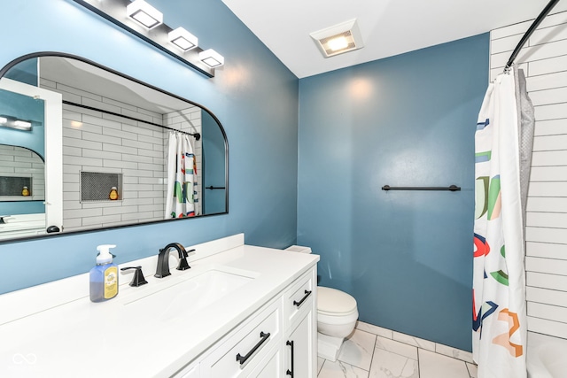 7014 Creekside Ln, Indianapolis, IN 46220 - bathroom with vanity, marble look tile flooring, and a shower with shower curtain