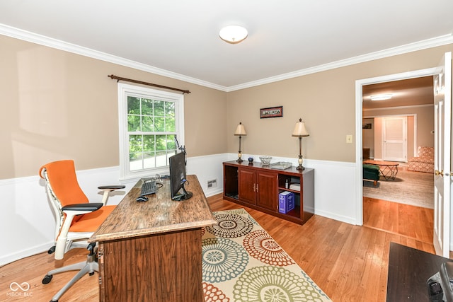 7014 Creekside Ln, Indianapolis, IN 46220 - home office featuring light wood-type flooring, ornamental molding, and a wainscoted wall