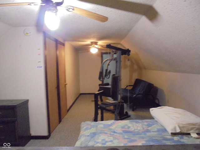 219 S Main St, Modoc, IN 47358 - carpeted bedroom with vaulted ceiling, a textured ceiling, and ceiling fan