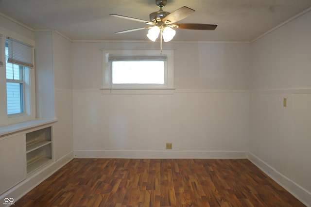 3554 N Illinois St, Indianapolis, IN 46208 - unfurnished room featuring ceiling fan, a wainscoted wall, healthy amount of natural light, dark wood-style floors, and ornamental molding