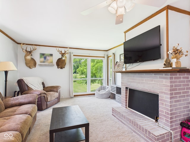 5282 W 900 N, Frankton, IN 46044 - carpeted living room with a brick fireplace, ceiling fan, and ornamental molding