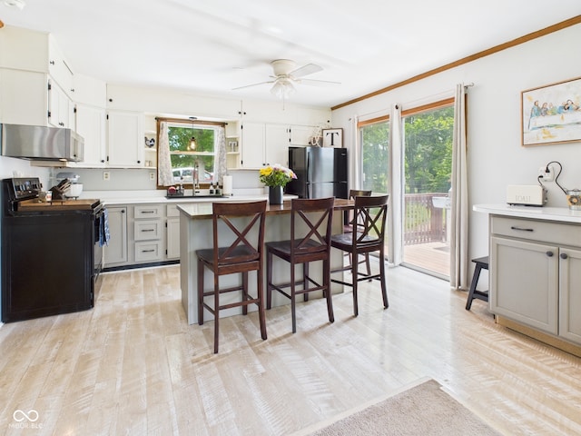 5282 W 900 N, Frankton, IN 46044 - kitchen featuring black / electric stove, freestanding refrigerator, ceiling fan, light wood-style flooring, and a kitchen bar