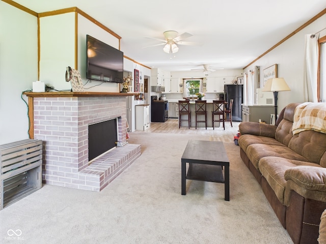 5282 W 900 N, Frankton, IN 46044 - living room featuring light carpet, ceiling fan, and a fireplace
