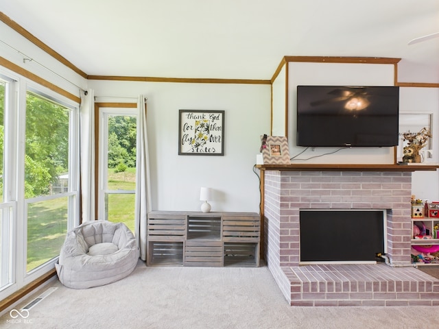5282 W 900 N, Frankton, IN 46044 - carpeted living room with a fireplace and crown molding